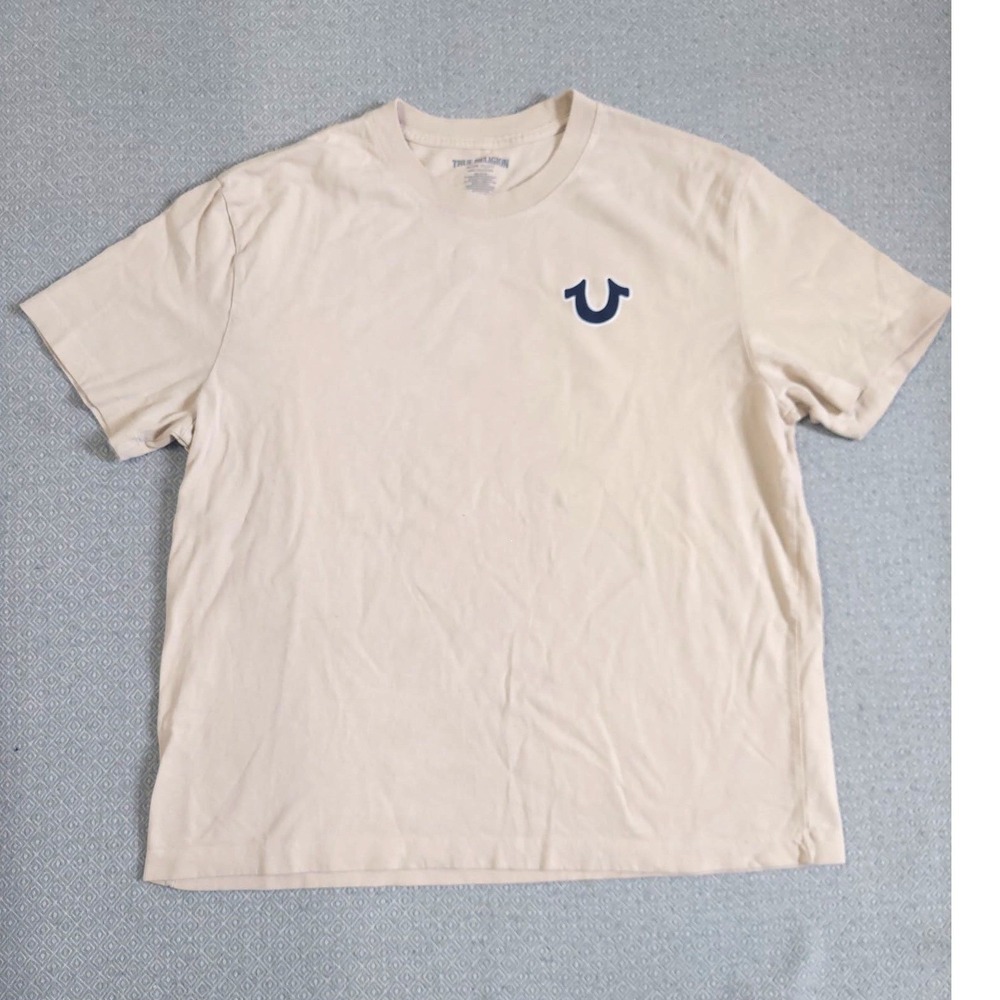True Religion T-Shirt Mens Large Cream Buddha Guitar Graphic Logo Short Sleeve